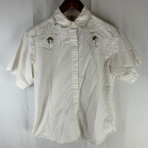 Short Circuit Womens White Cotton‎ Western Beaded Concho Button Up Shirt Large